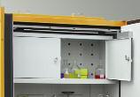 powder-coated steel sheet, light grey RAL 7035, doors either in RAL 7035 - light grey or RAL 1007 - daffodil yellow Inner body made of HPL-coated sheets - RAL 7035 Stainless steel base plate Shelf