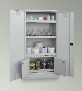 CHEMICALS AND POISONS CABINETS as per TRGS 514 / TRGS 526 / BGR 120 CHEMICAL CABINETS WITH SAFETY BOX For storage of harmful, water-endangering, toxic and very toxic liquids also for storage of