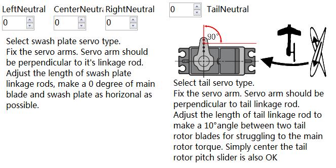 Now set your pitch stick to the Neutral position and using a swash levelling tool, level your swash. By clicking on the up/down arrows you will move your servo arms up or down.