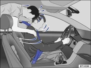 Fig. 52 The unbelted rear passenger is thrown forwards, hitting the belted driver Many people believe that they can brace their weight with their hands in a minor collision. This is not true.