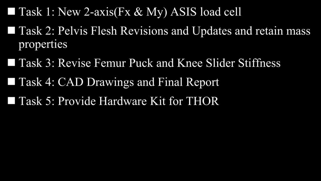 Knee/Femur/Pelvis Task List Task 1: New 2-axis(Fx & My) ASIS load cell Task 2: Pelvis Flesh Revisions and Updates and retain mass