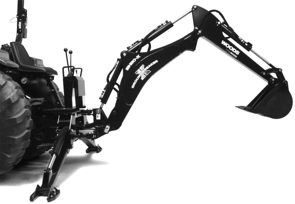 8-foot BH80- Groundbreaker FEATURES: Excavator style curved boom Two-cylinder swing mechanism Woods unique easy on/easy off 4-point mounting system available many tractor models Adjustable, high