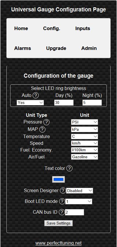 4.3.2 Config. The configuration page allows changing general settings of the gauge like units, LED ring intensity and more. The color tool is not available on IOS devices like iphones and ipads.