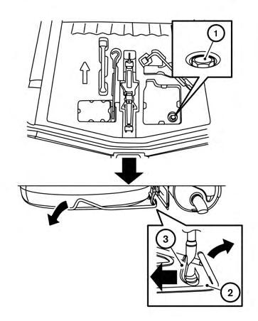 3. Stop turning the bolt when the spare is lowered to the point where the tire basket 2 can be removed from the hook 3. 4. Remove the wheel basket by pushing the basket upward. 5.