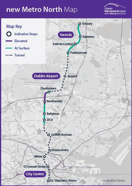 new Metro North Scope 16km light rail line from city centre to Swords via Airport Modified version of original Metro North, with lower initial capacity, fewer and smaller stations, less tunnelling