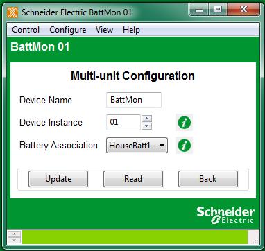 Configuring the Conext Battery Monitor Multi-Unit Configuration Multi-unit configuration allows you to select the battery association and set the device name and instance of the Battery Monitor.