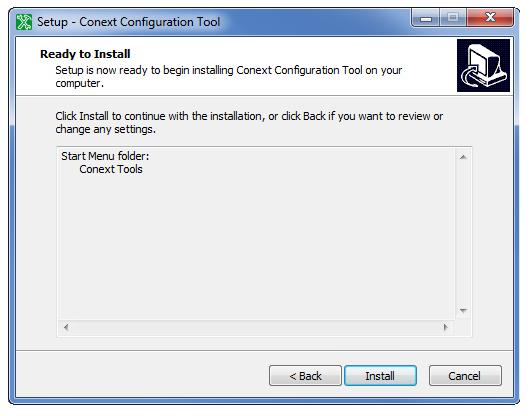 Installing Conext Configuration Tool 7. Add a desktop icon by clicking on the appropriate check box under Select Additional Tasks. 8. Click Next. 9.