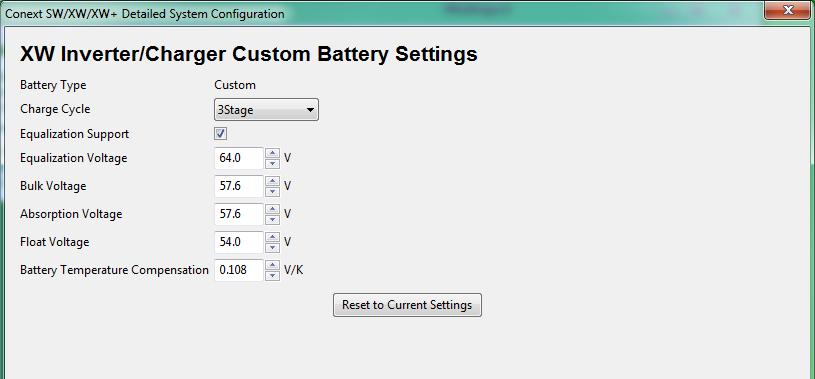 Using the Configuration Wizard Table 2-1 XW Inverter/Charger Settings Setting Battery Capacity Charger Enabled Maximum Charge Rate Charge Cycle Recharge Volts Inverter Enabled AC Input Priority AC1