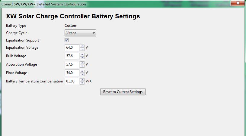 System Configuration 8. Set the Solar Charge Controller Custom Battery Settings. (This screen is active if you selected Custom as the battery type in the previous screen.