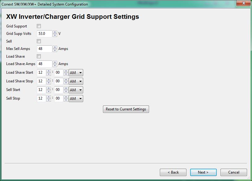 Using the Configuration Wizard Figure 2-25 Setting the XW Inverter/Charger Grid Support Settings Table 2-8 XW Inverter/Charger Grid Support Settings Setting Grid Support Grid Supp Volts Sell Max Sell
