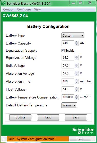 Configuring Conext XW+ and Conext SW Inverter/Chargers Table 3-2 Charger Settings Setting Charger Block Stop Description Conext XW+ only: Conext SW only: Sets the time that charging on AC1 can resume.
