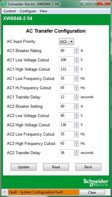 Configuring Conext XW+ and Conext SW Inverter/Chargers Table 3-4 Inverter/Charger AC Settings Figure 3-9 Inverter/Charger AC Transfer Configuration Setting AC Input Priority AC1 Breaker AC1 Lo Volt
