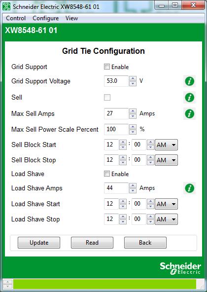 Configuring Conext XW+ and Conext SW Inverter/Chargers Figure 3-10 Inverter/Charger Grid Tie Configuration Table 3-5 Inverter/Charger Grid Support Settings Setting Grid Voltage Support Enabled Grid