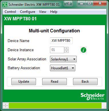 Configuring Conext XW+ and Conext SW Inverter/Chargers Multi-Unit Configuration Multi-Unit Configuration includes the device number and connections for the charge controller.