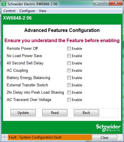 Device Configuration Advanced Features Configuration Advanced Features Configuration allows you to access the inverter/charger s advanced settings.