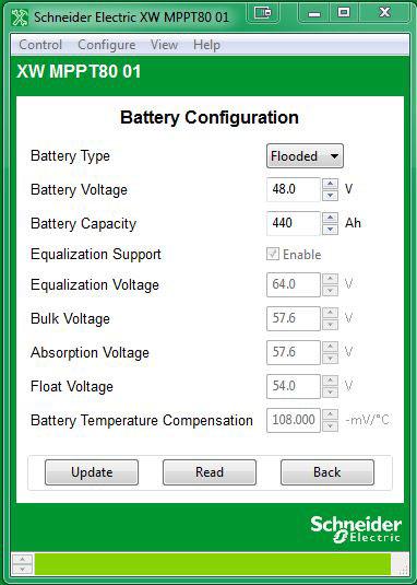 Configuring Conext MPPT 80 600 and Conext MPPT 60 150 Solar Charge Controllers Figure 3-21 Charge Controller Battery Configuration Table 3-9 Charge Controller Battery Settings (Custom Settings in