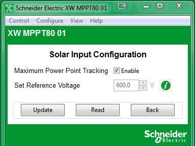 Device Configuration Solar Input Configuration Solar Input Configuration allows you to disable automatic maximum power point tracking and configure the reference voltage level the Charge Controller