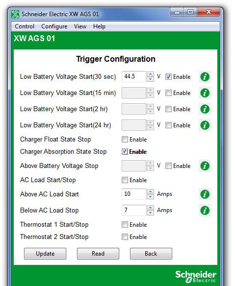 Configuring the Conext Automatic Generator Start Trigger Configuration Trigger Configuration contains the settings for automatically starting and stopping the generator.