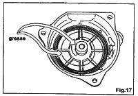 Then remove the holding screw from the center of the recoil body Fig. 16 Caution: When removing starter pully or starter reel, The recoil spring may fly out.