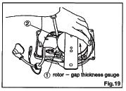 18 6-2 Checking Air Gap 1) Check if the gap between the ignition coil and the rotor is 0.3 mm (With two 0.15 mm thickness gauge s) 2) If the measured gap is not 0.3 mm, adjust the gap to 0.