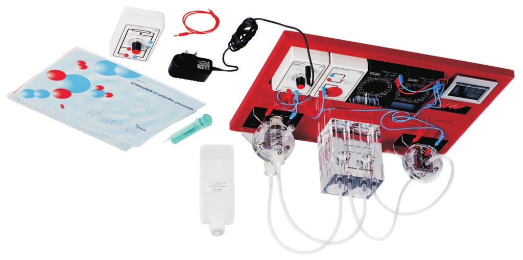 Elektrolyser, gas storage and fuel cell Basic bord and frame to put the experimentation modules and multimeter Power supply and accessory Set of equipment supplied: Specific red suitcase with shaped