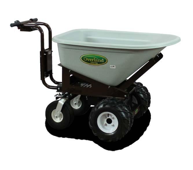 Locking hinged hopper for easy dumping. We like to say, Dump your old wheelbarrow and drive an Overland!