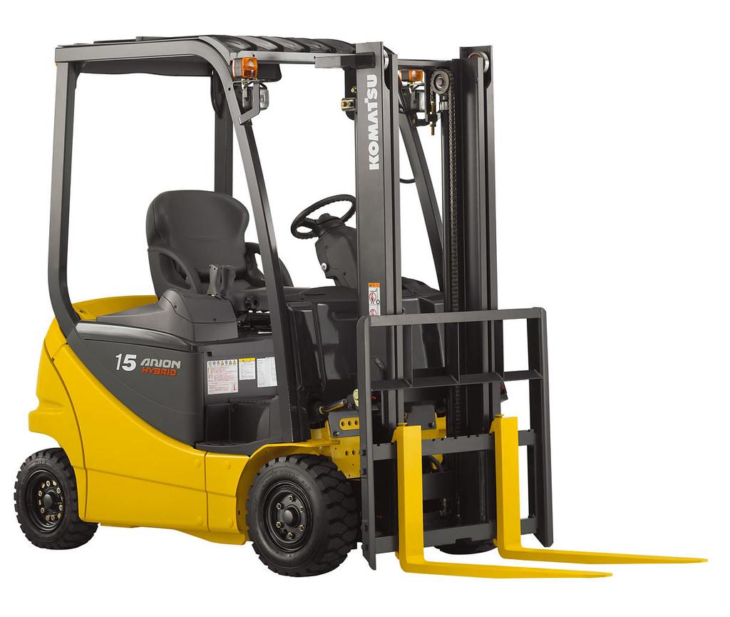 Detection of wobbling Lowering of forks 4) Electric hybrid forklift first in the world (Photo 3) The electric hybrid forklift has two power source systems, namely, a battery as the conventional