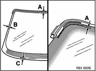 Maintain the distance (A) of the upper glue bead to the gasket, (B) at side and (C) bottom along the windshield edge.