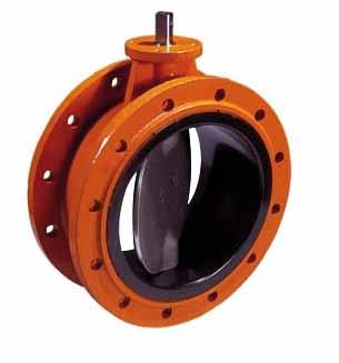 Centric short double flanged butterfly valve with fixed NBR rubber lining. Body of ductile iron JL00/GJS-00-5 to EN 56, coated with 00 my PUR orange RAL 000.