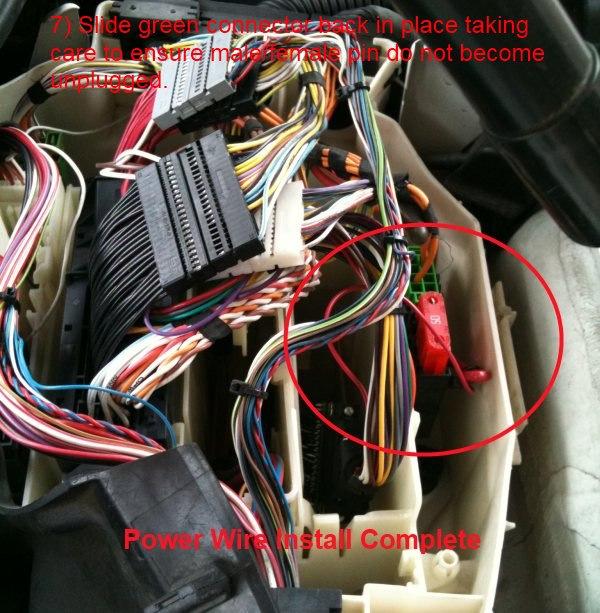 Ensure the male/female power wire connection is secure as you push the green connector down. If this connection comes loose while driving the motor will stall out and not restart.
