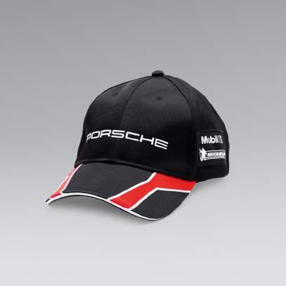 Strap: 100 % polyester. In black/red. WAP 050 210 0F [ 3 ] Baseball cap Motorsport. Embroidered PORSCHE logo on the front.