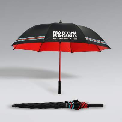 Large umbrella, able to fit two people underneath, with MARTINI RACING design. Sporty, ergonomically shaped handle with PORSCHE logo.