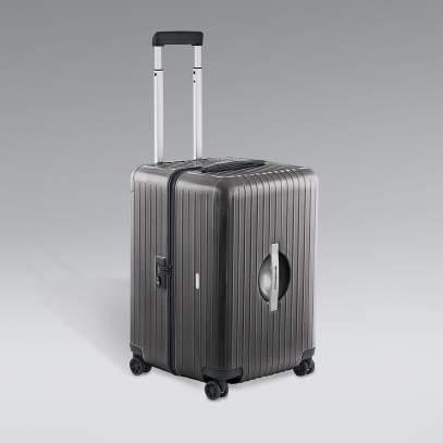 Luggage [ 1 ] PTS Ultralight luggage M. Robust, ultra-light RIMOWA suitcase with four multi-wheel rollers and recessed TSA-approved lock. Fits in all current Porsche models.