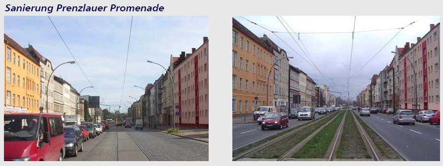 Example of noise reduction measures redesigning road space before after separating tram tracks from motor traffic shortens travel time of public transport & makes it more attractive