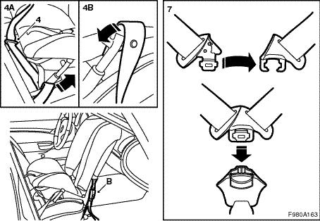 12 798 998 5 4 Run the lap section of the car seat belt under the child seat bracket (4A) and seat portion, secure it around the blue knobs (4B) on both sides of the seat and lock it in the car belt