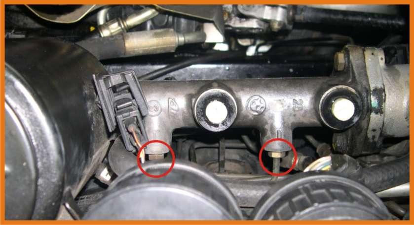 Master Cylinder Removal Remove the brake line nuts circled below. These will require an 11mm flare nut wrench.