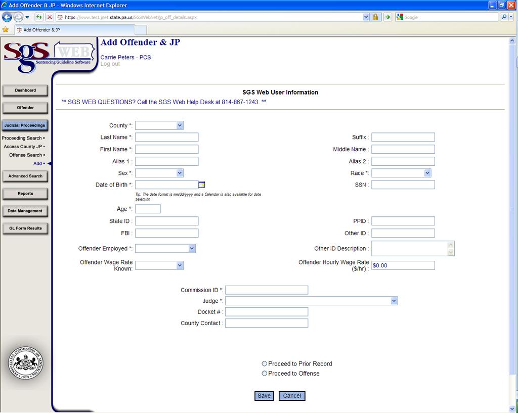 SGS Web - How to Create a Judicial Proceeding The Add New Offender button