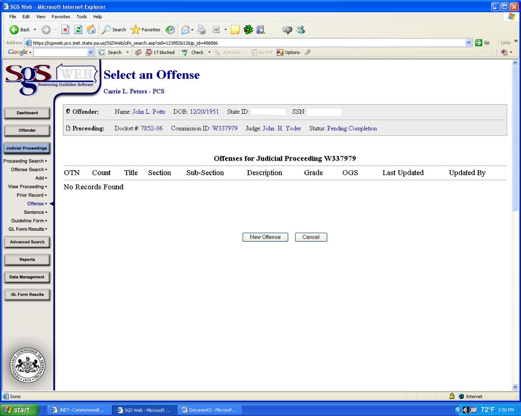 SGS Web - How to Create Offenses SGS Web - How to Create Offenses Once the offender has been attached to a judicial proceeding, offenses can be added.