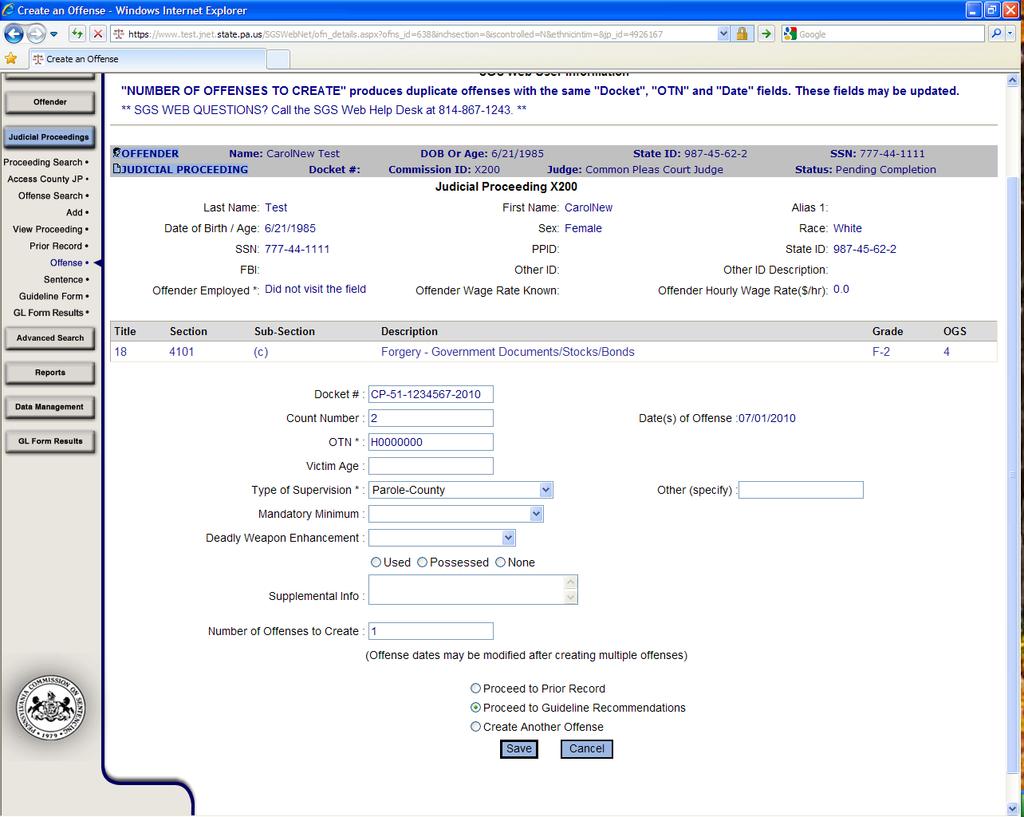 SGS Web - How to Create Offenses To view the guideline recommendations, check the box