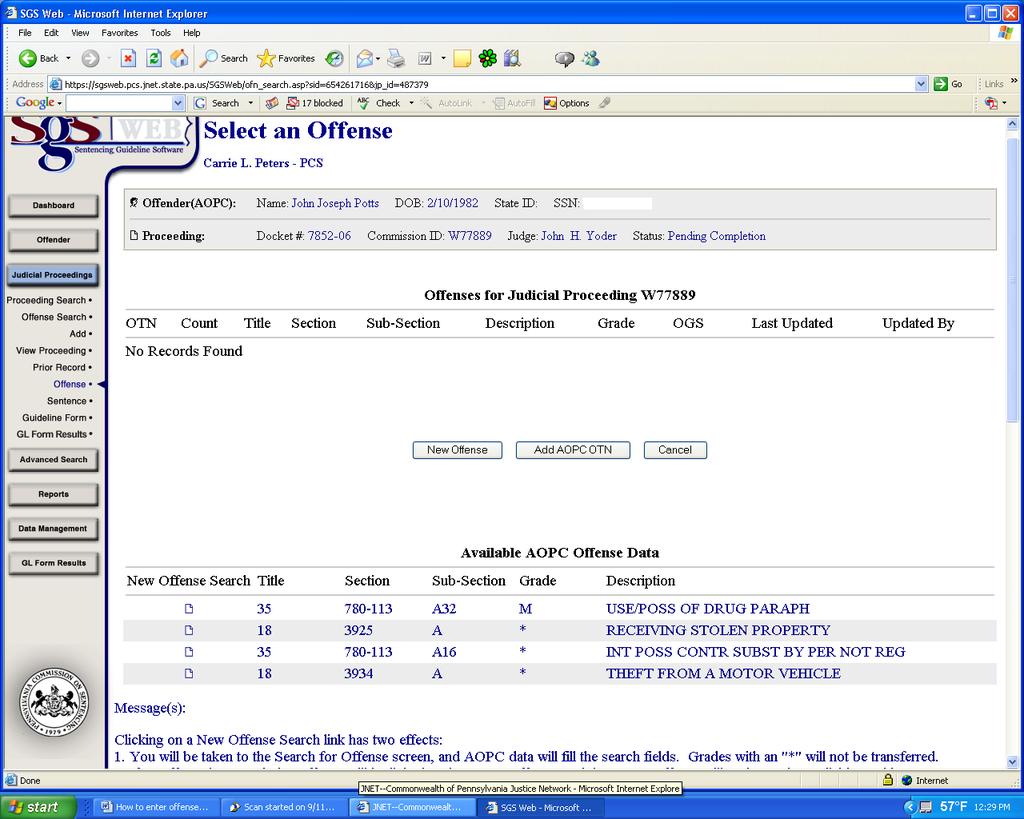 SGS Web - How to Create Offenses Option 2) Select from the AOPC Offense List Click on the
