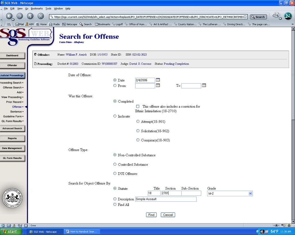SGS Web - How to Create Offenses The Search for Offense screen displays.