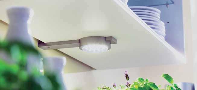 Puck LED 2 LED Under-Cabinet Luminaire for 230V Connection: 220 240V / 50 60Hz Lamp: extremely long-life GX 53-LED 3W 20SMD, ø life 30,000 hours Energy efficiency: LED: 75lm/W Luminaire: 210lm