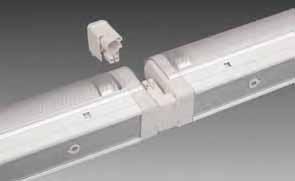 start and power-saving due to electronic ballast; ideal for food industry applications due to plexiglass cover (splinter shield); rigid connector for minimal spacing between luminaires; vertical
