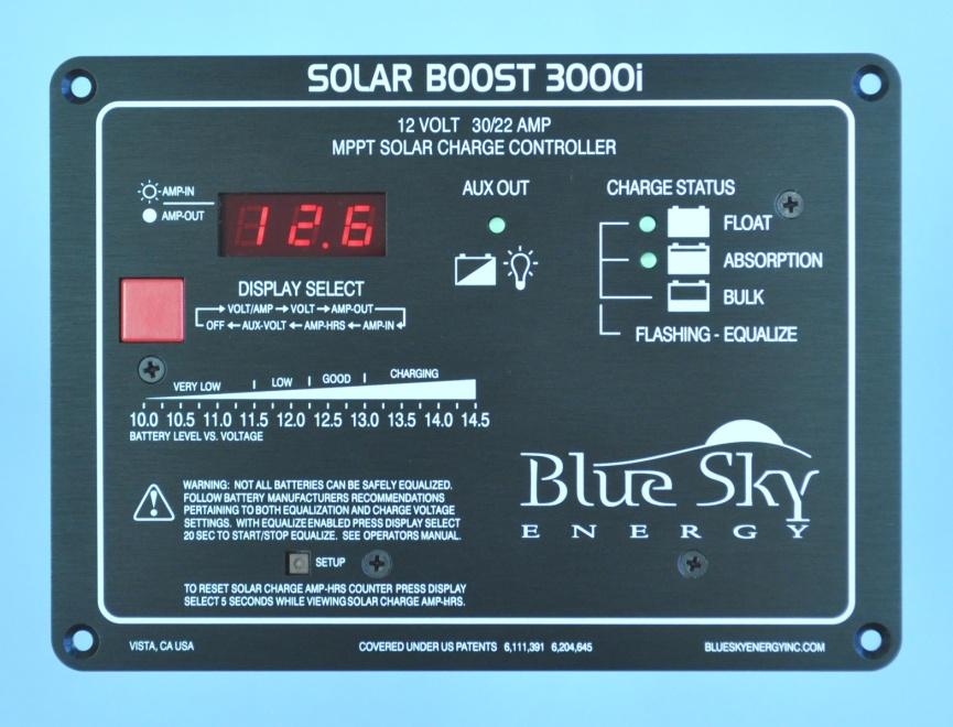 NEW - Solar Boost 3000i 30A/22A 12V MPPT charge controller Processes 400W from 36 cell modules or 290W from 60 cell grid tie modules Full featured design Built in multi-function low power LED digital