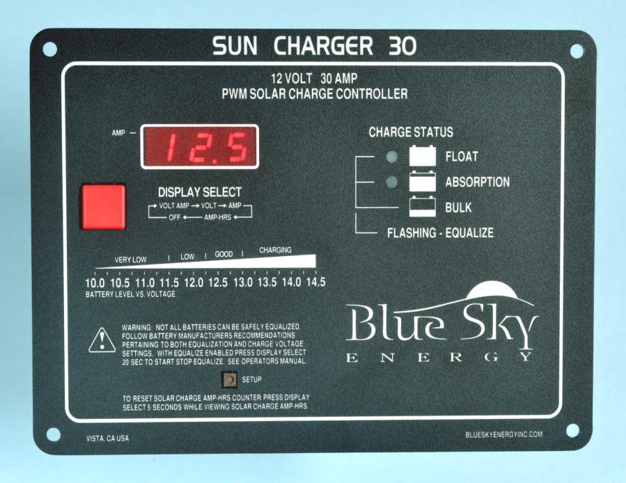 Sun Charger 30 30A 12V PWM charge controller Low cost entry level controller Supports 450W of 36 cell modules Full featured design Built in multi-function low power LED digital display Battery
