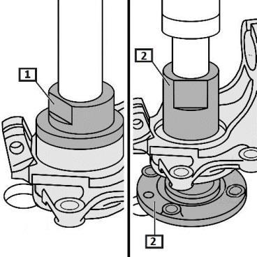 RE-INSTALLATION: 1) Use a counter-bearing to press in the wheel bearing (1) 2) Install the wheel circles 3) Use the extractor to press in the hub (2).