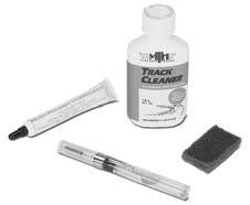 To clean the track, use RailKing Track Cleaning Fluid found in Maintenance Kit (30-50010) or denatured (not rubbing) alcohol and a clean rag.