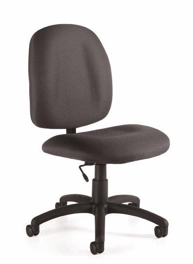 00 ARMLESS TASK CHAIR Thick, soft cushions for comfort Pneumatic seat height adjustment Seat depth adjustment Scuff