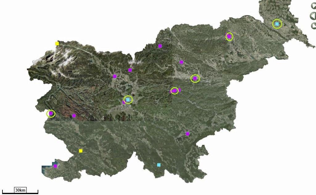 Slika 5: Mreža samodejnih postaj za merjenje kakovosti zunanjega zraka in padavin (obkrožena so merilna mesta, katerih podatke sem uporabila v diplomski nalogi) (Atlas okolja, 2014)