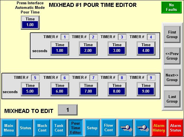 Component Identification Pour Time Editor Screen 1 FB FA FC FD FE FF 2 1 2 Shown only if machine is set-up to use Press Interface Shown only if a second MixHead is installed.